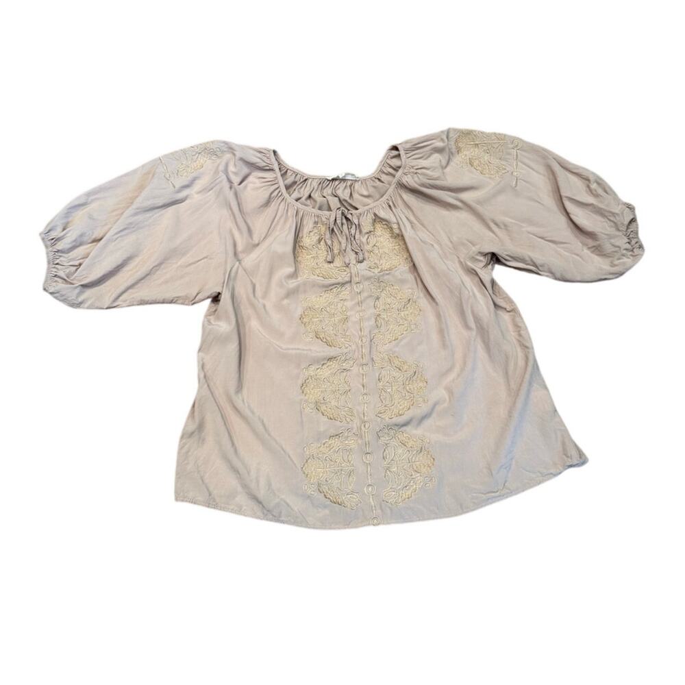 Solitaire embroidered top Vneck blouse Oversized Peasant 1/2 sleeve Beige Large